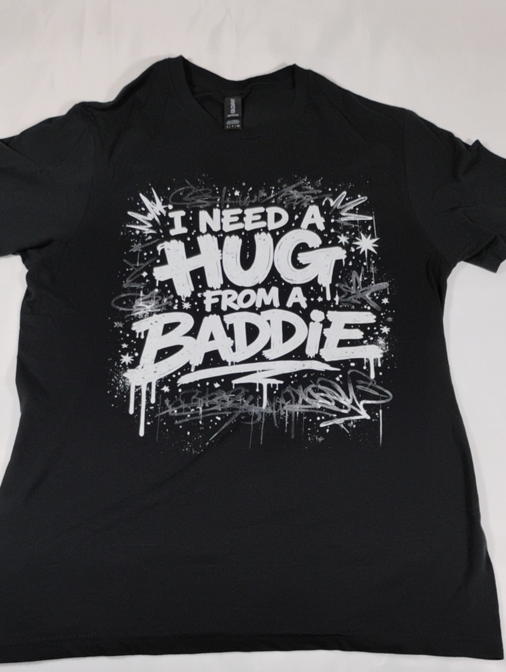 Gildan Black Graphic Tee with White 'I Need a Hug From a Baddie' Print